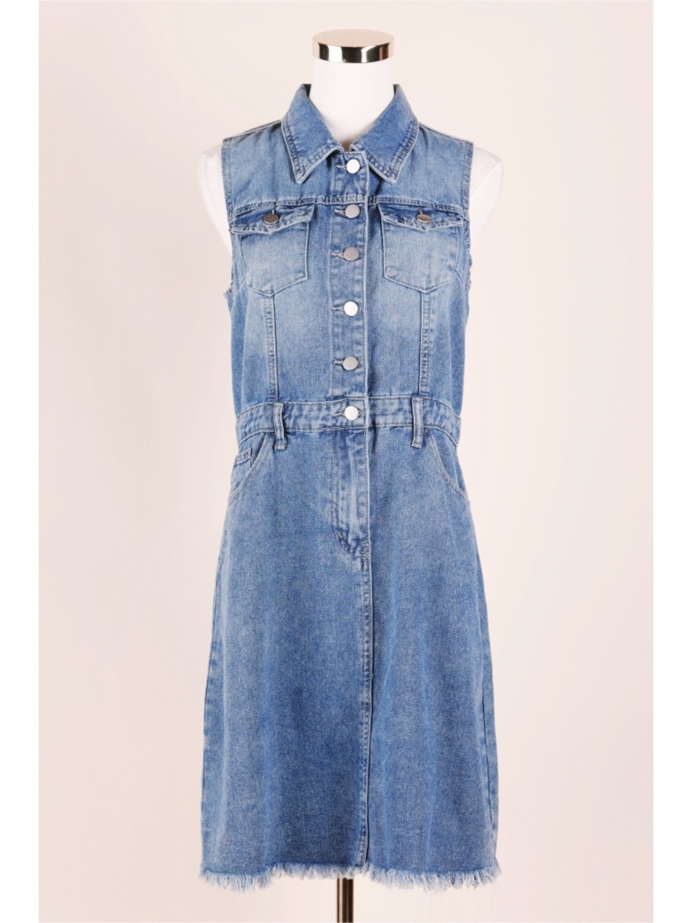 Sz M Joie Medium Wash Sleeveless Collared Button Down Denim Mini Dress EUC